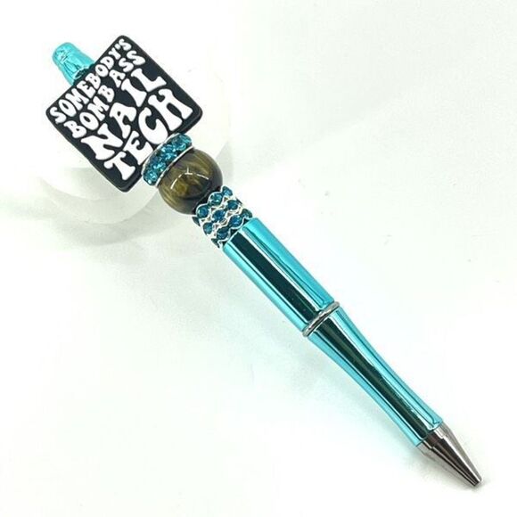 Somebody’s Bomb A** Nail Tech handmade pen NEW beads rhinestone bling black whit - Picture 1 of 5